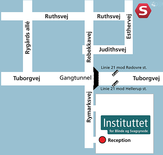 Et kort, der viser vejen fra IBOS til stationen og busholdeplads. 