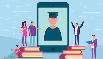 Tegning af student på mobilen og tre der kigger på mobilen