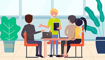 Illustration af unge i drøftelse med hinanden rundt om et bord