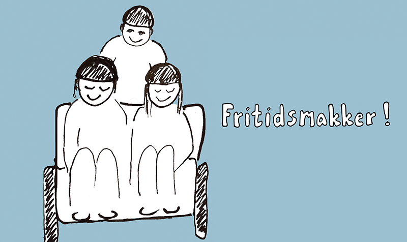 Tegning af to i en sofa med en frivilligmakker bag sofaen