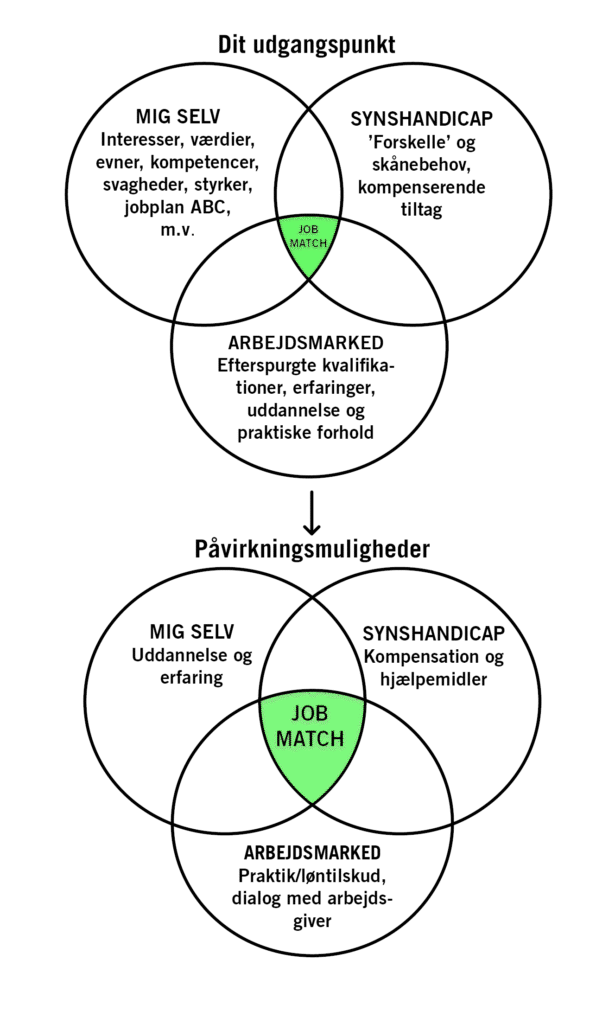 2 venn-diagram med tre cirkler i hver, med overlap. Dene ene hedder dit udgangspunkt med pil ned til det næste der hedder påvirkningsmuligheder. Der er en fold ud accordion-menu med synstolkning af figuren under billedet.  